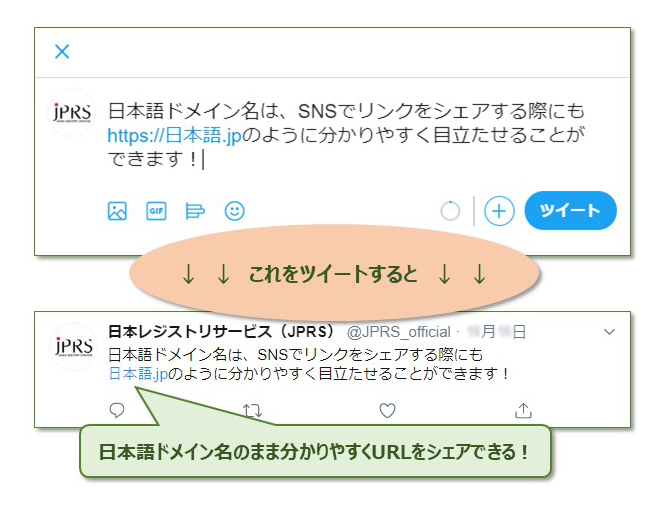 Twitterでも日本語ドメイン名のままシェアが可能